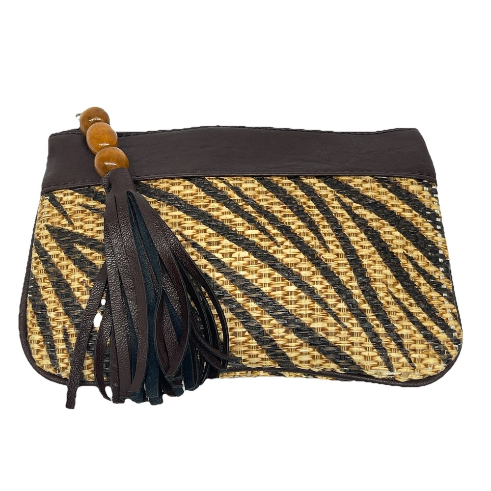 New York & Company Woven Animal Print Zippered‎ Tassel Makeup Coin Wallet Clutch